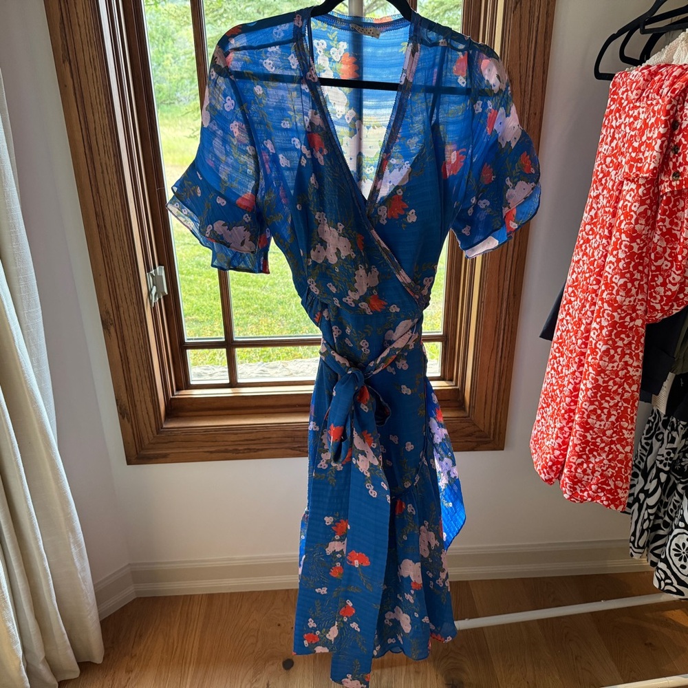 Tanya Taylor Floral Blue Wrap Dress